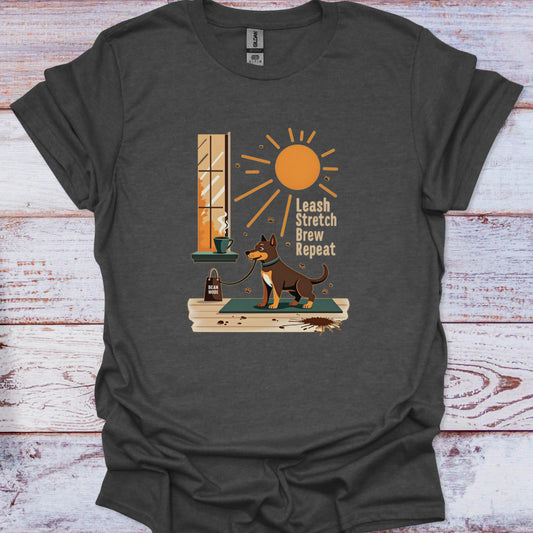 Dark gray t-shirt with a graphic of a dog and text on a wooden surface