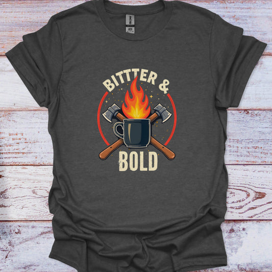 Dark gray t-shirt with 'Bitter & Bold' graphic design on a wooden surface