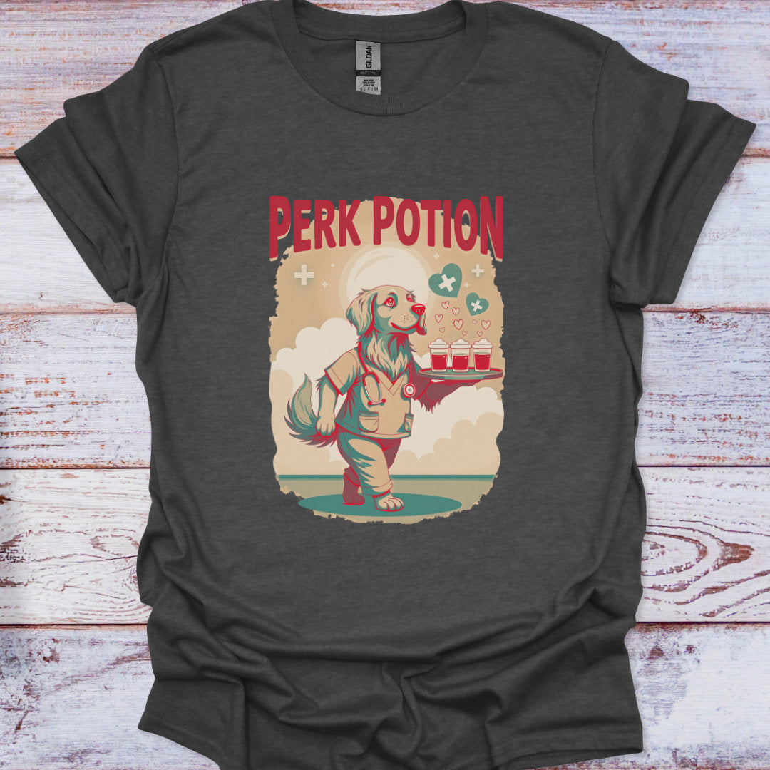 Dark gray t-shirt with a graphic of a dog holding a tray of drinks and 'Perk Potion' text on a wooden surface.