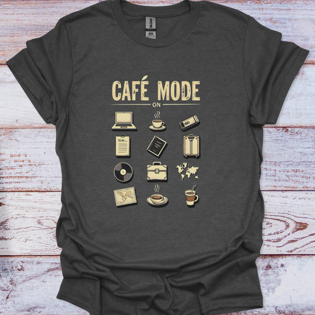 Dark gray t-shirt with 'Café Mode' graphic design on a wooden surface