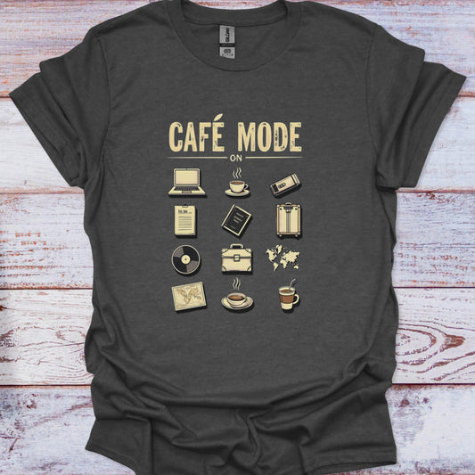 Dark gray t-shirt with 'Café Mode' graphic design on a wooden surface