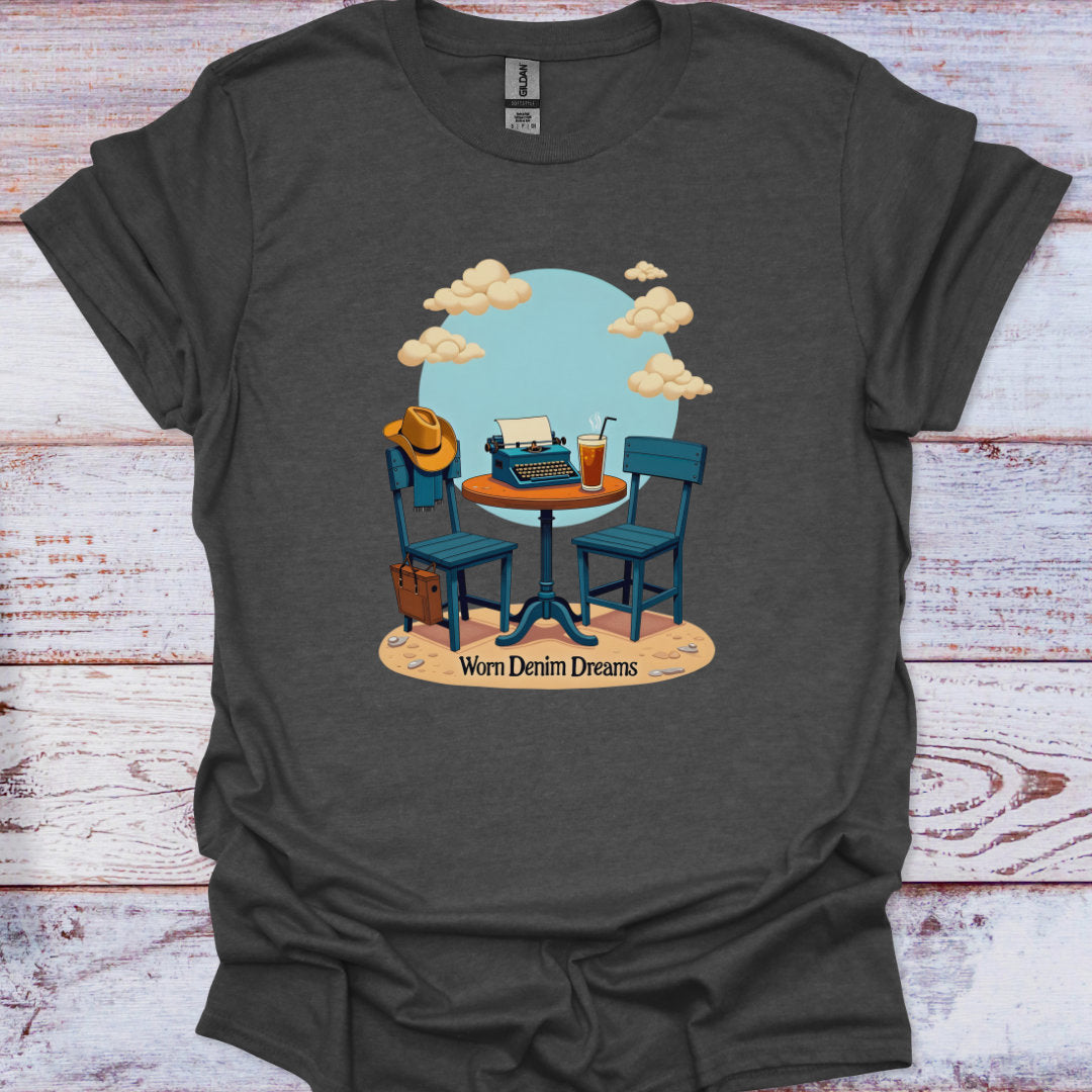 Dark gray t-shirt with a graphic of two chairs and a table on a wooden background