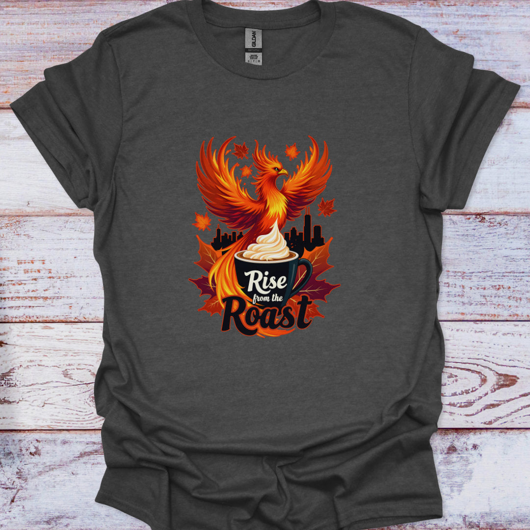 Dark gray t-shirt with a phoenix design and 'Rise from the Roast' text on a wooden surface.
