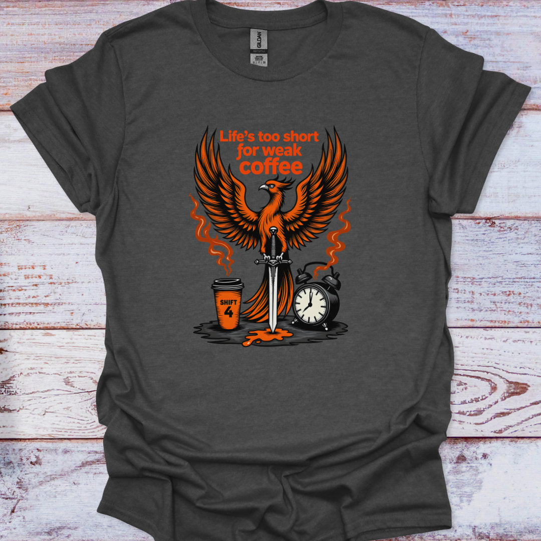 Dark gray t-shirt with a phoenix design and text on a wooden surface