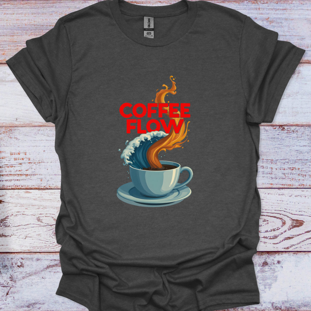 Dark gray t-shirt with a graphic of a coffee cup and flames labeled 'Coffee Flow' on a wooden surface.