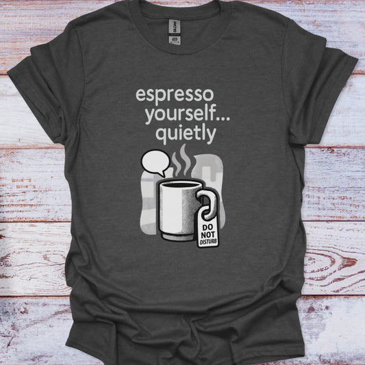 Dark gray t-shirt with a coffee-themed graphic and text on a wooden surface