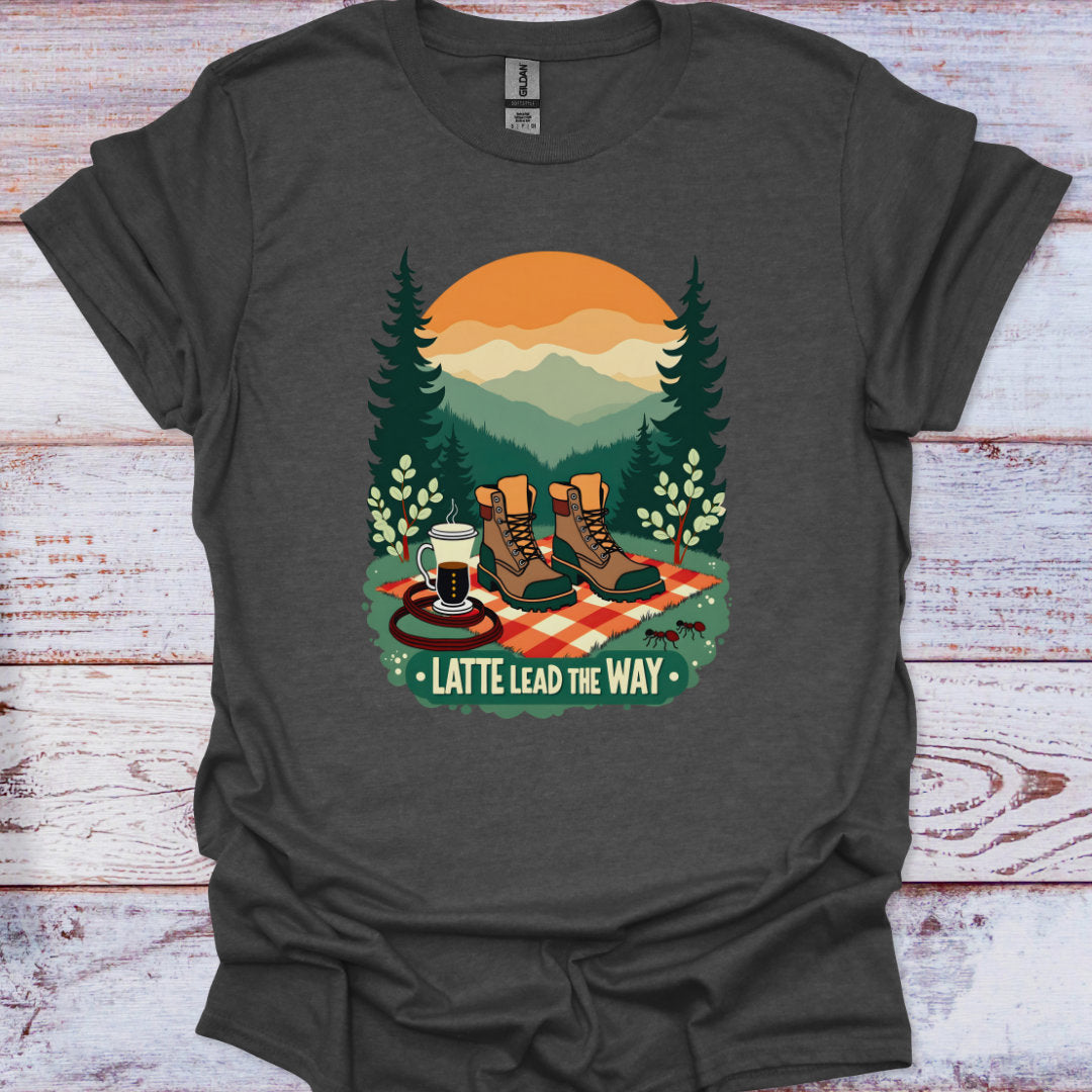 Dark gray t-shirt with a graphic of hiking boots, coffee, and trees on a wooden surface
