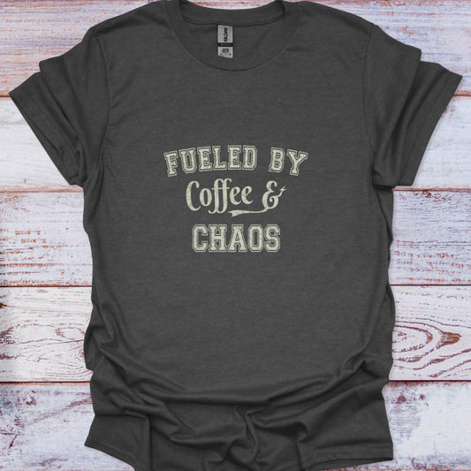 Dark Heather t-shirt featuring Fueled By Coffee & Chaos text in distressed varsity lettering, funny sarcastic style.