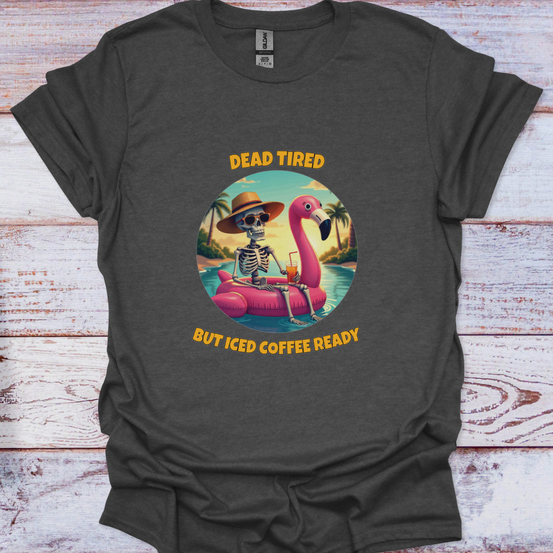 Dark gray t-shirt with a flamingo and skeleton graphic on a wooden surface