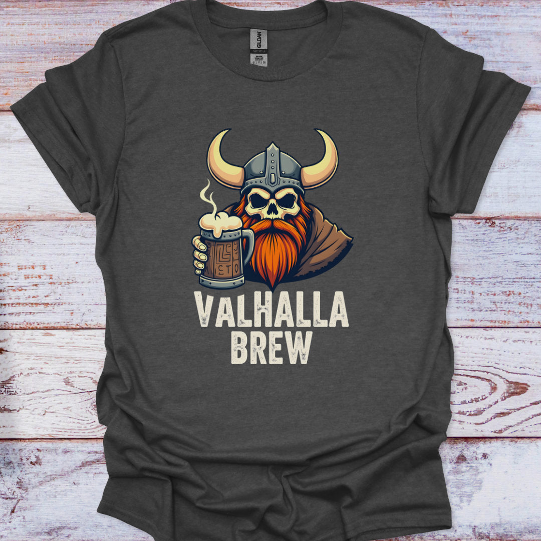 Dark gray t-shirt with a graphic of a viking holding a beer mug and 'Valhalla Brew' text on a wooden surface.
