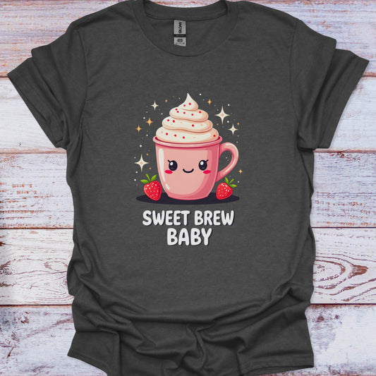Dark gray t-shirt with a pink coffee cup graphic and 'Sweet Brew Baby' text on a wooden surface.