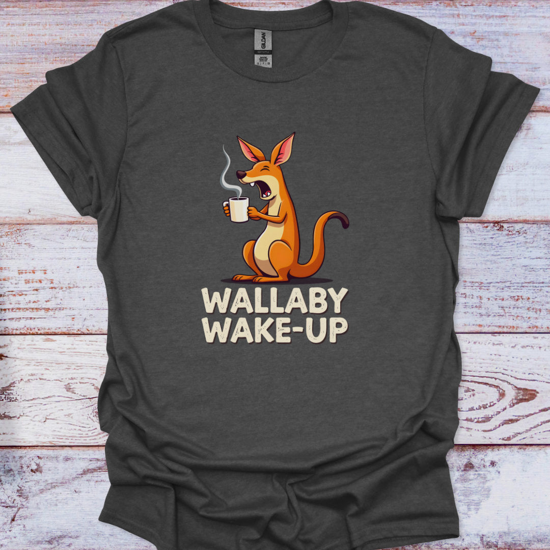 Gray t-shirt with a cartoon kangaroo and 'Wallaby Wake-Up' text on a wooden surface