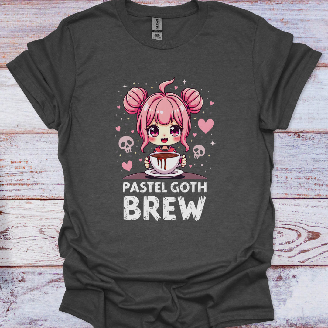 Dark gray t-shirt with a pastel goth design featuring a cartoon character with pink hair and a cup of coffee.