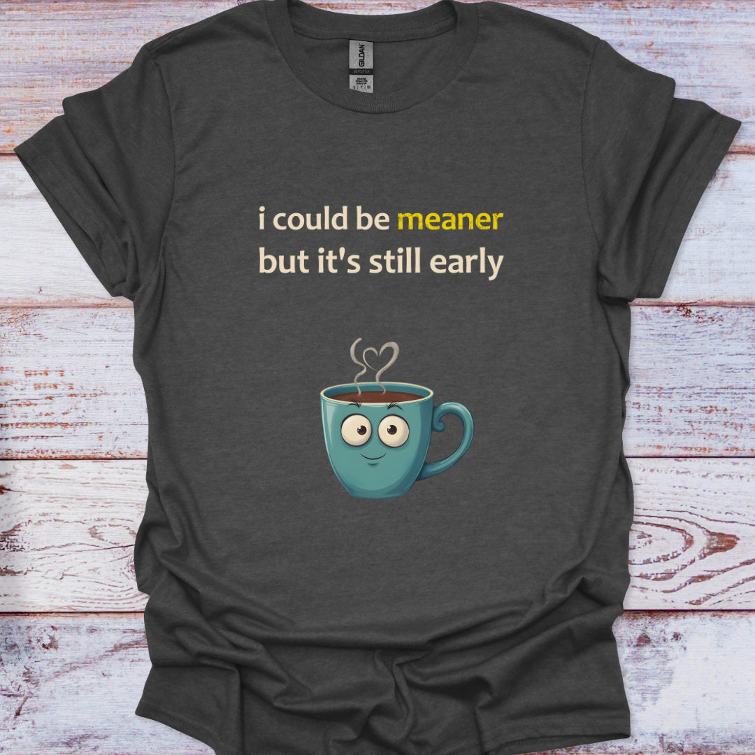 Gray t-shirt with a cartoon coffee mug and text on a wooden surface