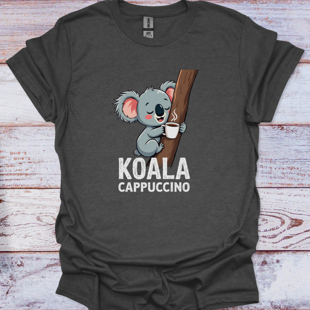 Gray t-shirt with a koala holding a coffee cup and text 'KOALA CAPPUCCINO' on a wooden surface.