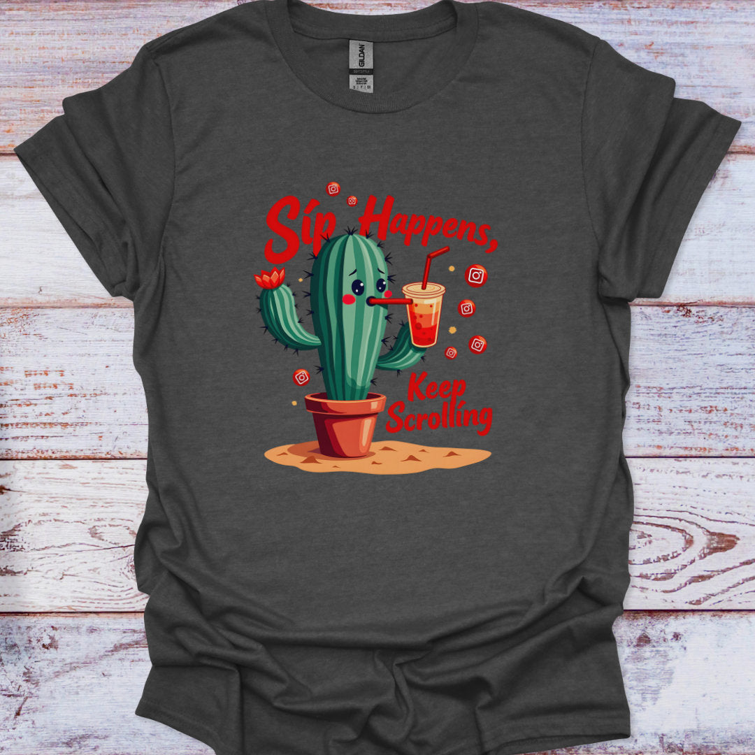 Dark gray t-shirt with a cactus graphic and text on a wooden surface