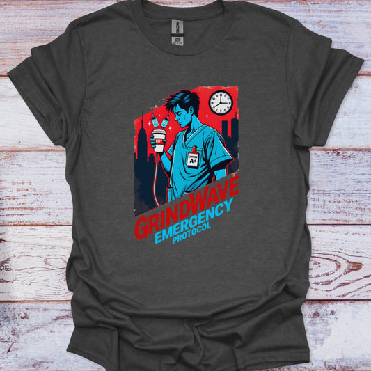 Gray t-shirt with a graphic design featuring a person, clock, and text on a wooden surface.