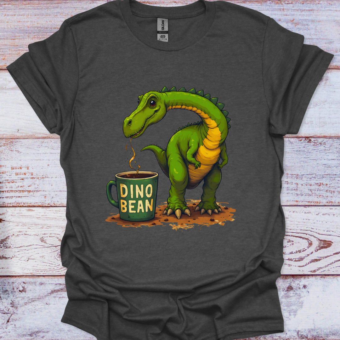 Gray t-shirt with a green dinosaur holding a 'Dino Bean' mug on a wooden surface
