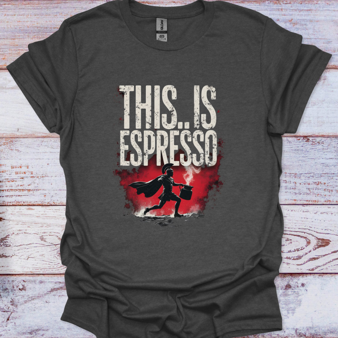 Dark gray t-shirt with 'This is Espresso' text and superhero graphic on a wooden surface