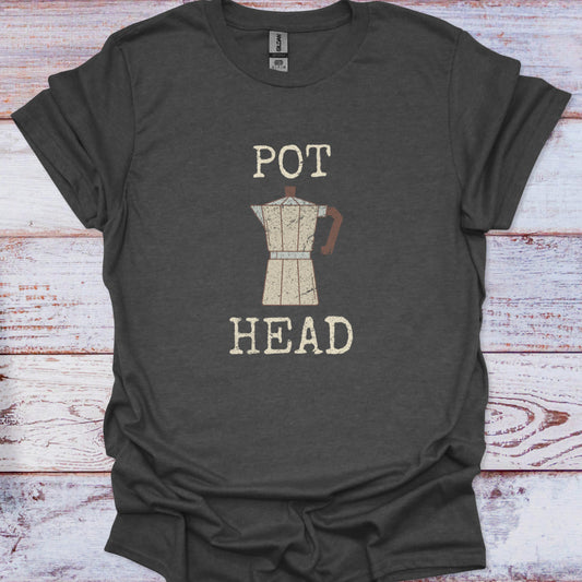 Dark gray t-shirt with 'POT HEAD' graphic on a wooden surface