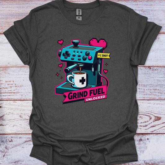 Gray t-shirt with a coffee-themed graphic design on a wooden surface