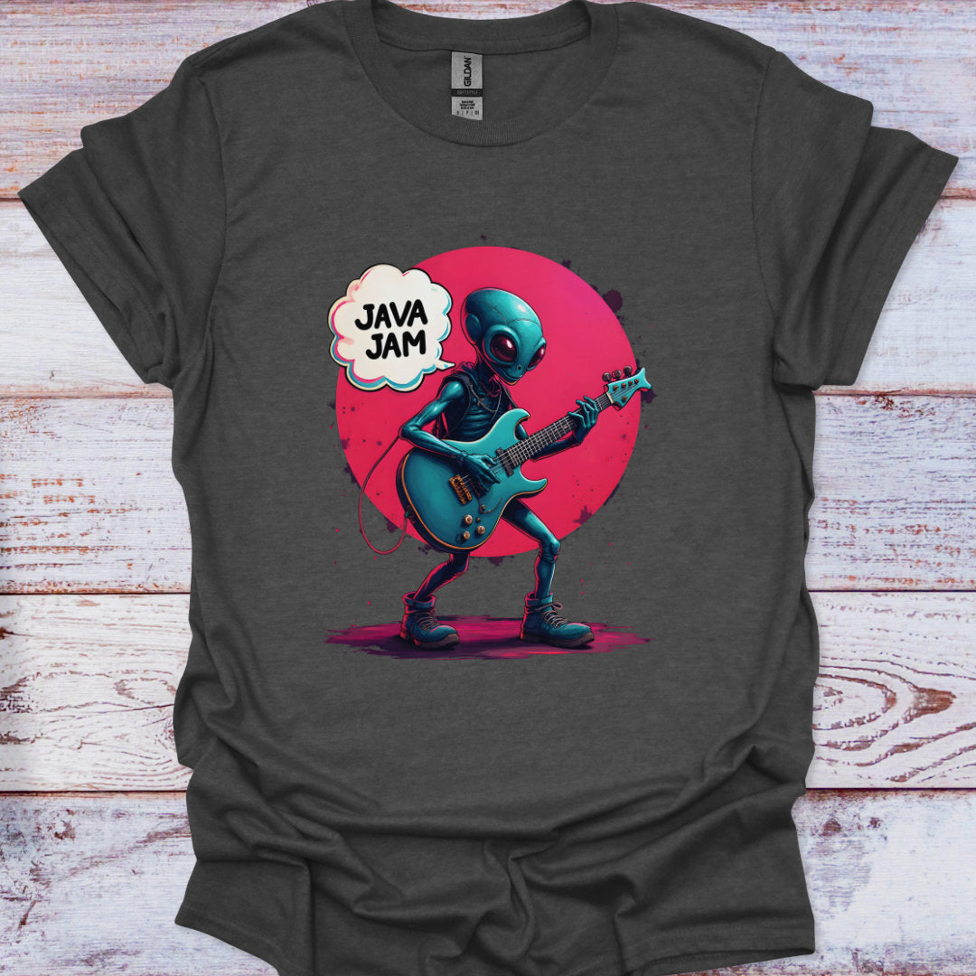 T-shirt with an alien playing guitar and 'Java Jam' text on a wooden surface