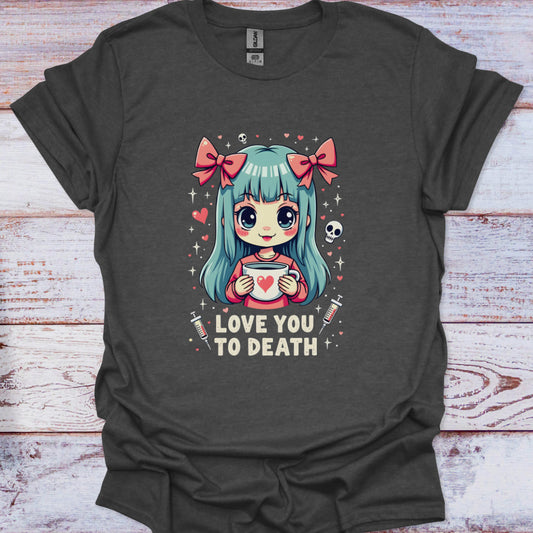 Dark gray t-shirt with a graphic of a character holding a cup and text 'Love You to Death' on a wooden surface.