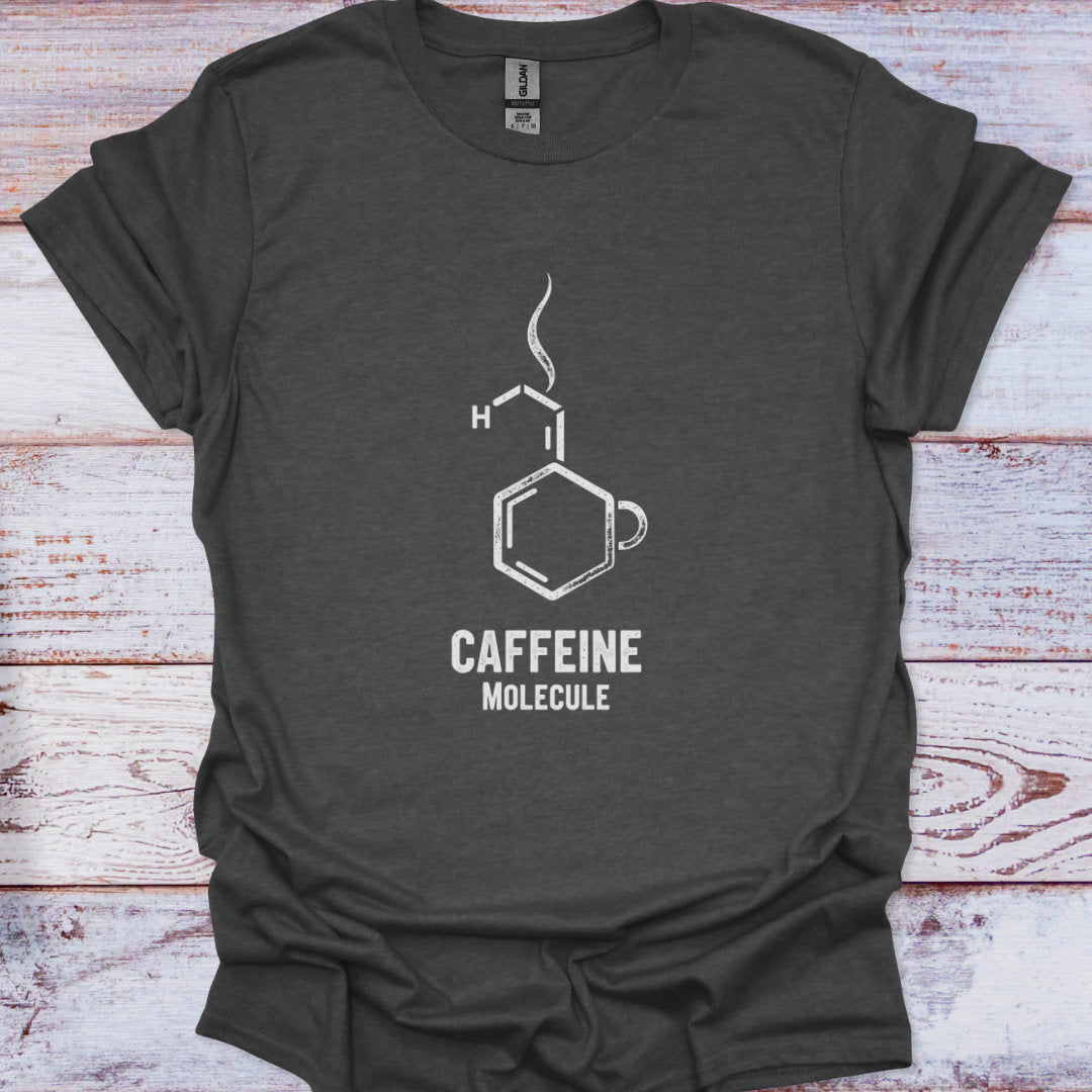Dark gray t-shirt with white caffeine molecule design on a wooden surface