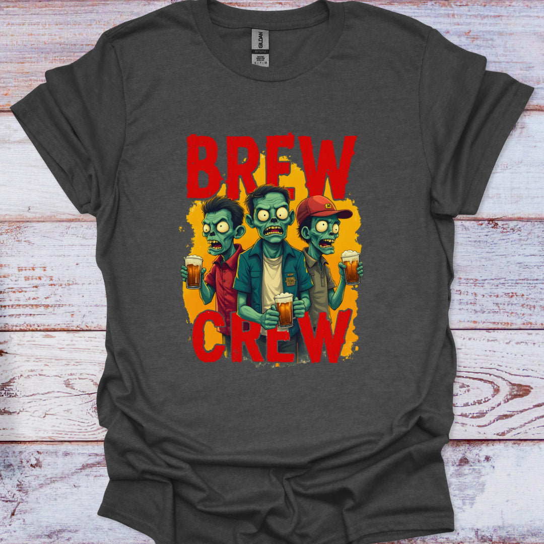 Gray t-shirt with 'Brew Crew' design featuring zombies holding beers on a wooden surface.