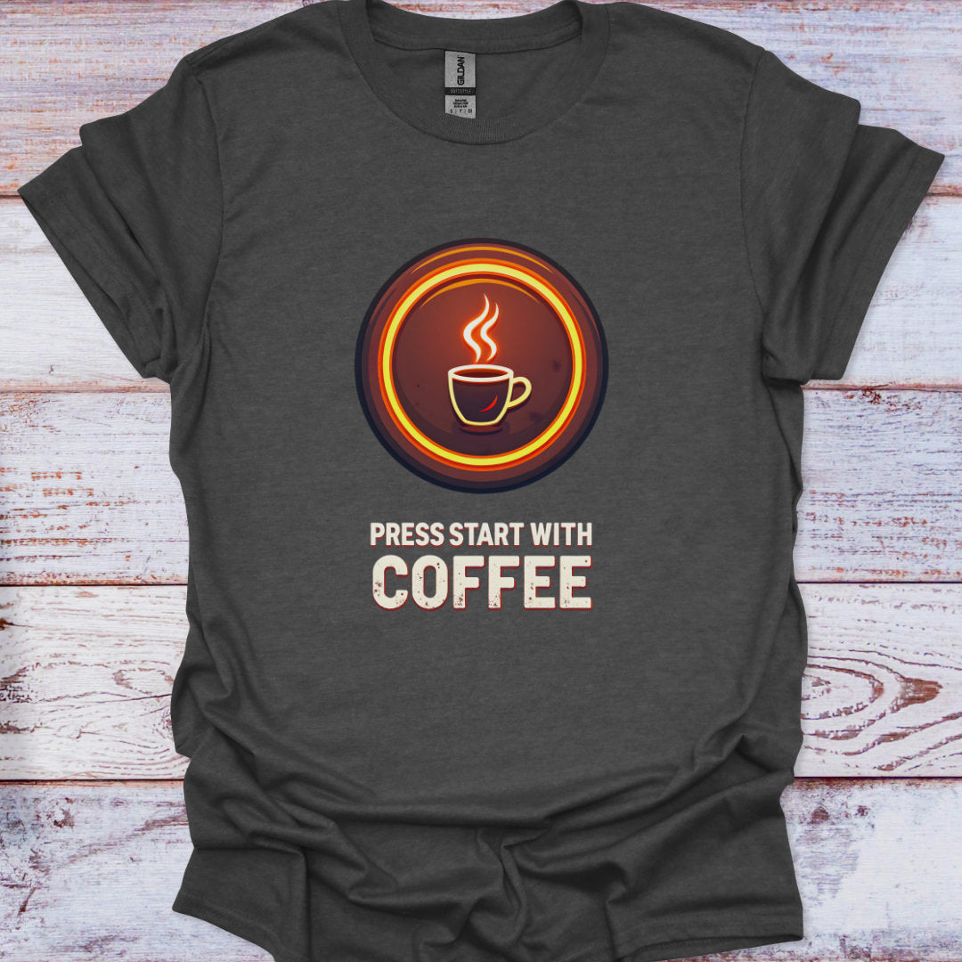 Dark gray t-shirt with a coffee-themed graphic and text on a wooden surface