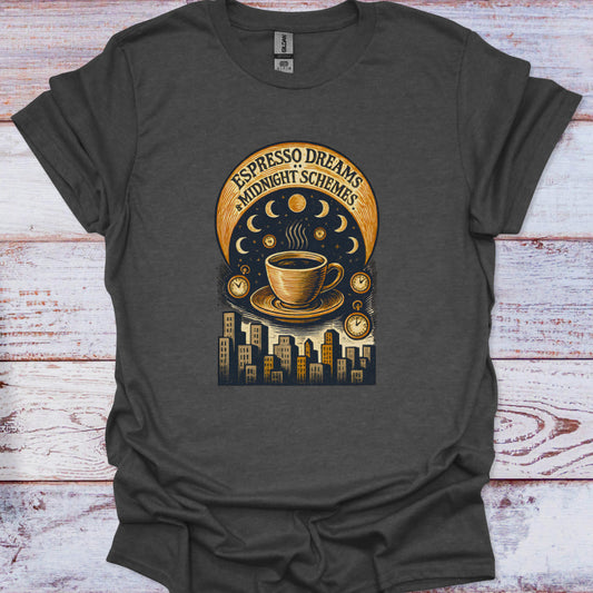 Dark gray t-shirt with a coffee-themed graphic design on a wooden surface