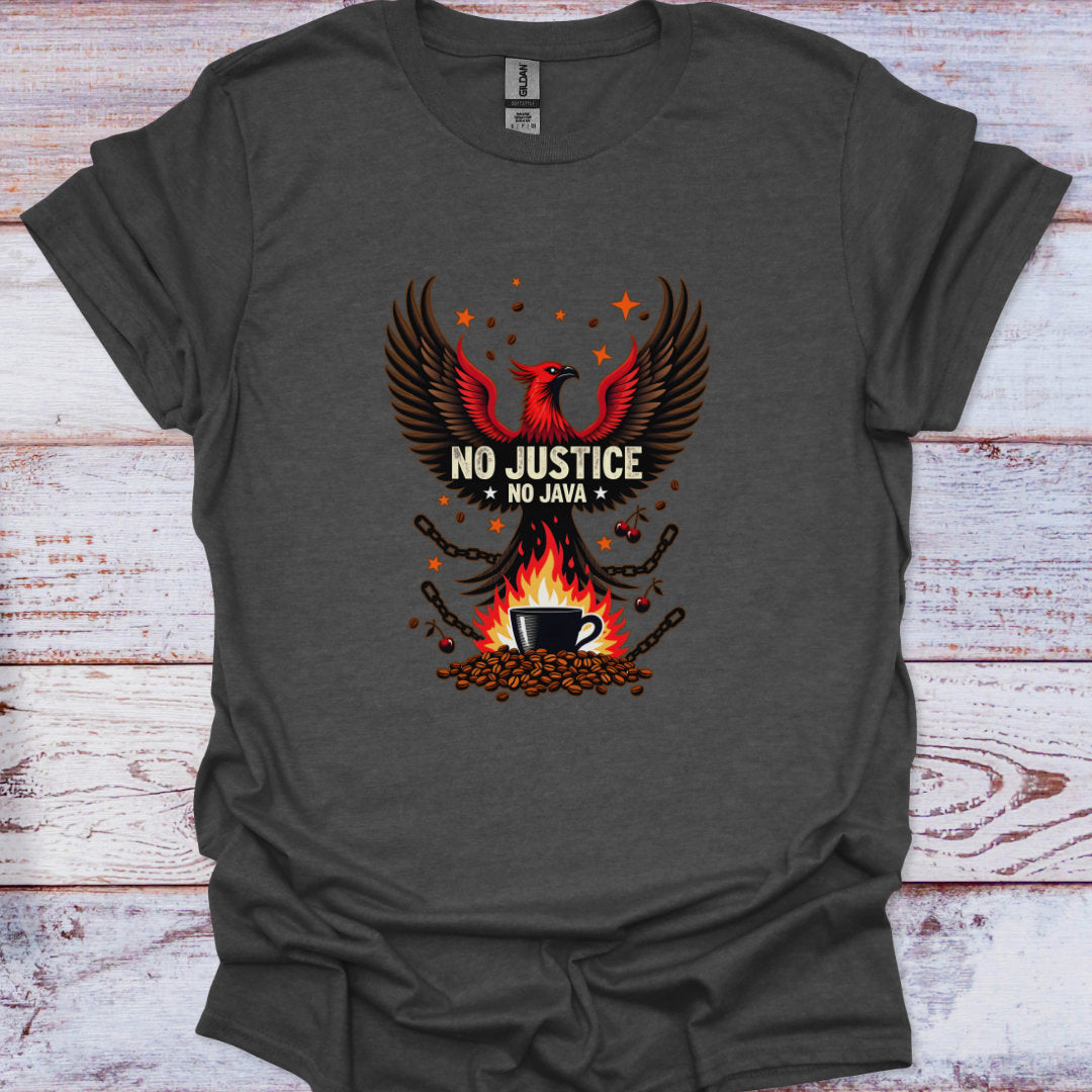 Gray t-shirt with 'No Justice No Java' graphic design on a wooden surface