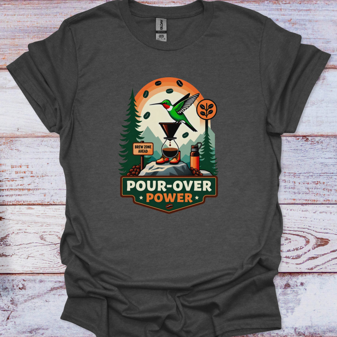 Dark gray t-shirt with a graphic design featuring a coffee cup, hummingbird, and trees on a wooden surface.