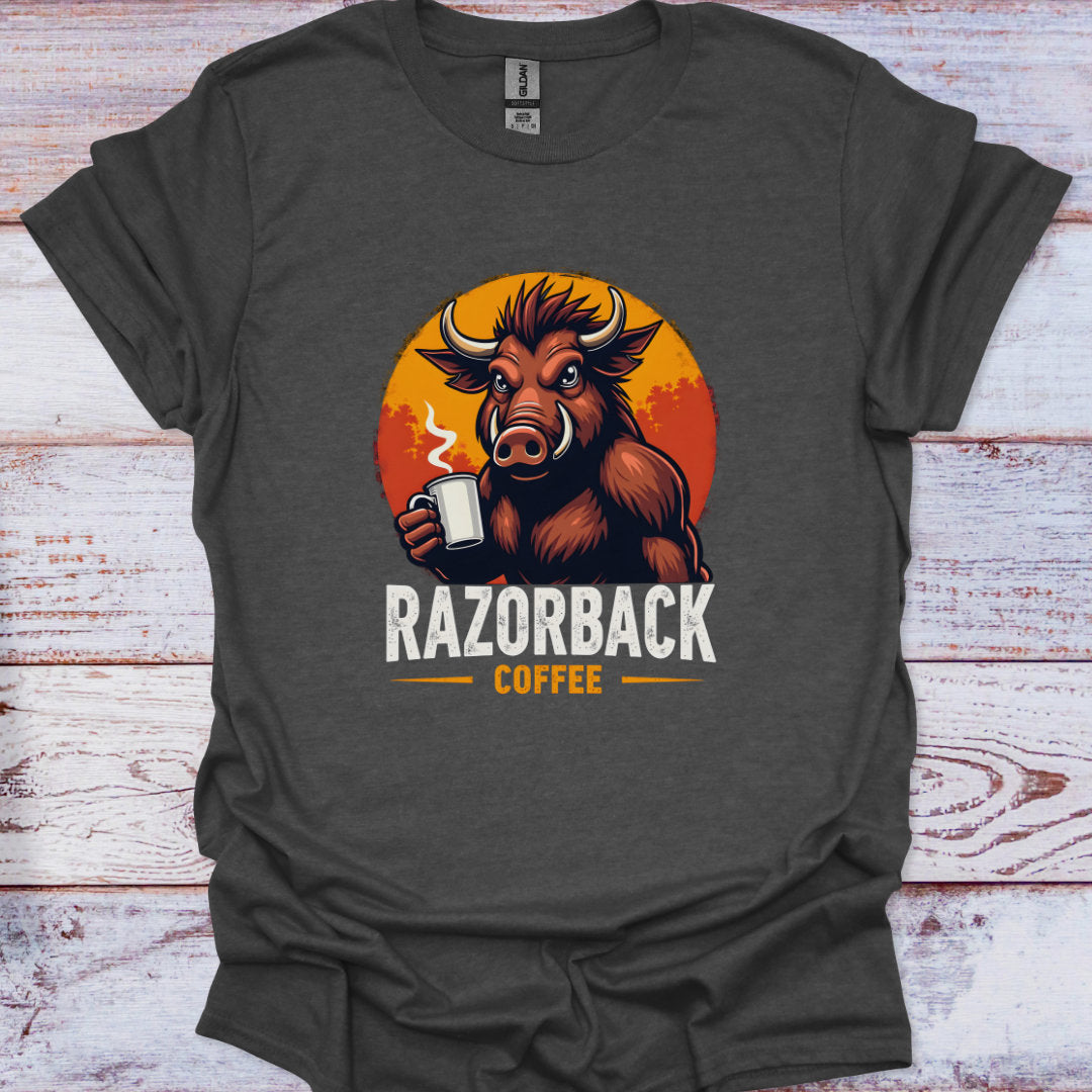 Gray t-shirt with a Razorback holding a coffee cup and 'Razorback Coffee' text on a wooden surface