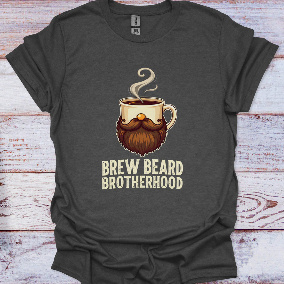 Dark gray t-shirt with a coffee cup with a beard graphic and 'Brew Beard Brotherhood' text on a wooden surface.