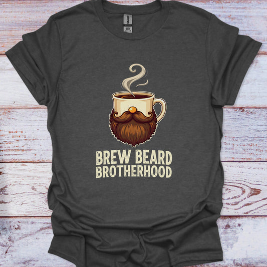 Dark gray t-shirt with a coffee cup with a beard graphic and 'Brew Beard Brotherhood' text on a wooden surface.