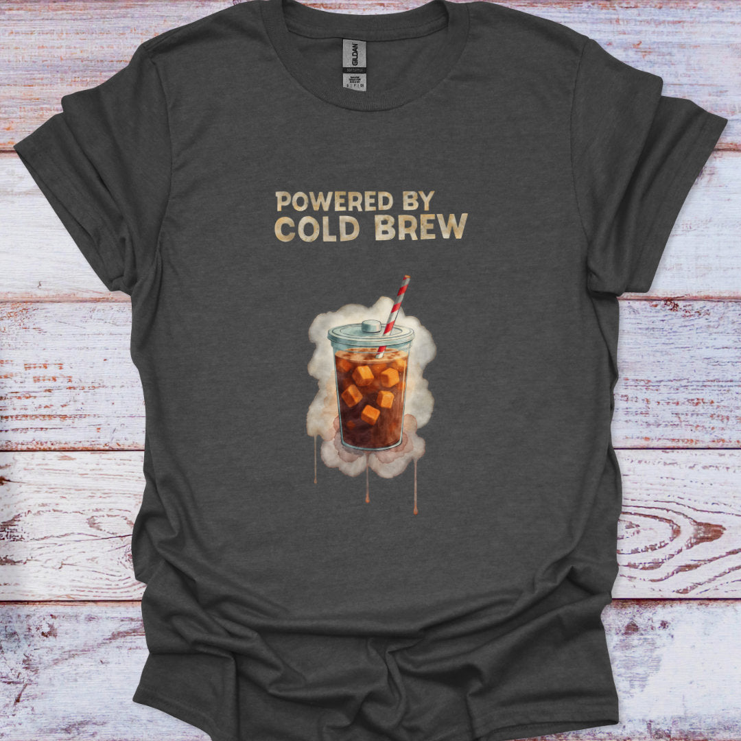 Dark gray t-shirt with a graphic of iced coffee and 'Powered by Cold Brew' text on a wooden surface.
