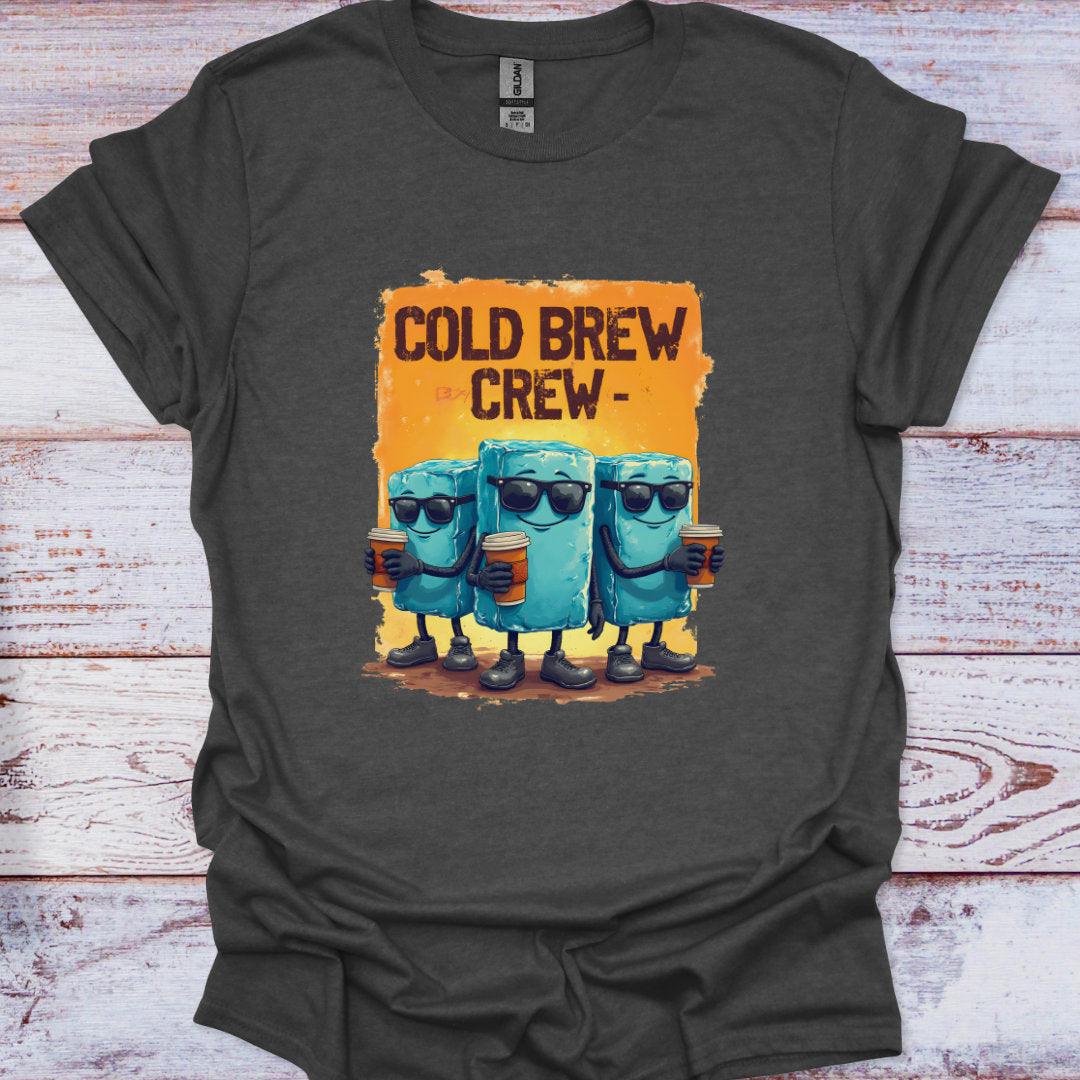Gray t-shirt with 'Cold Brew Crew' graphic on a wooden surface