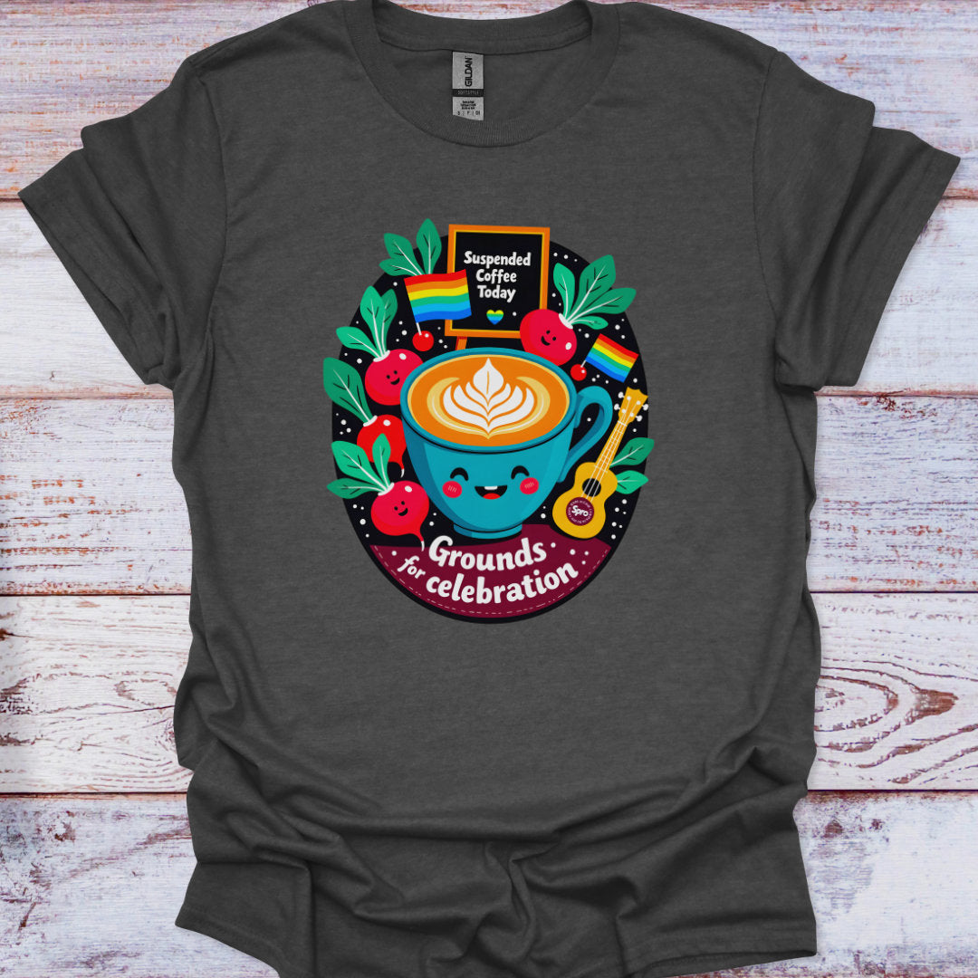 Dark gray t-shirt with a colorful coffee-themed graphic on a wooden surface
