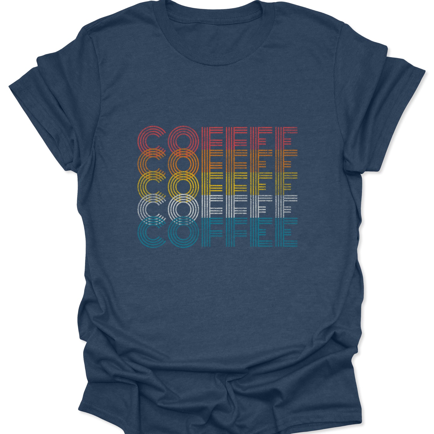 Heather Navy Blue t-shirt featuring stacked "COFFEE" text in retro linear red, orange, yellow, white, and teal stripes.