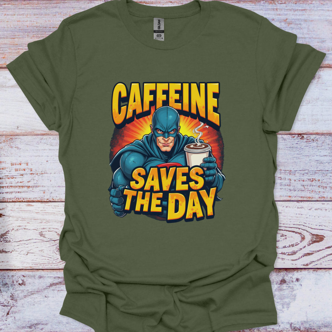 Green t-shirt with a superhero graphic and 'Caffeine Saves the Day' text on a wooden surface