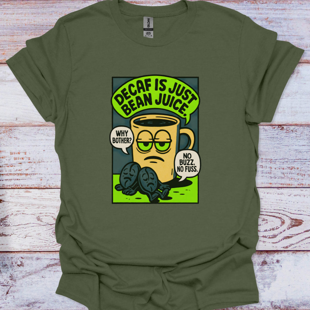 Green t-shirt with a coffee-themed graphic and text on a wooden surface