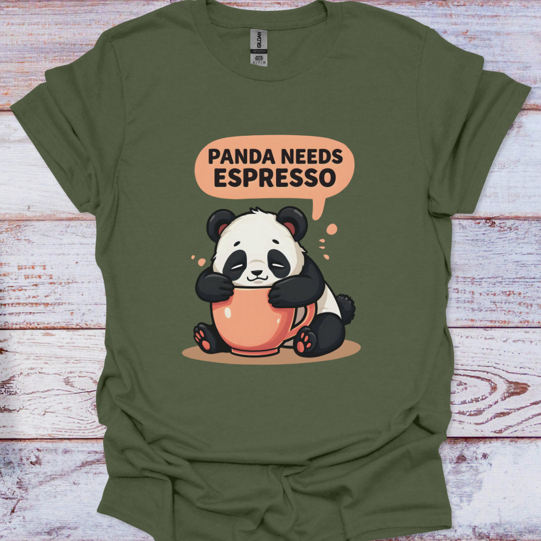 Green t-shirt with a panda holding an espresso cup and 'Panda Needs Espresso' text on a wooden surface.