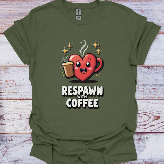 Green t-shirt with a heart-shaped coffee cup and text 'Respawn with Coffee' on a wooden surface.