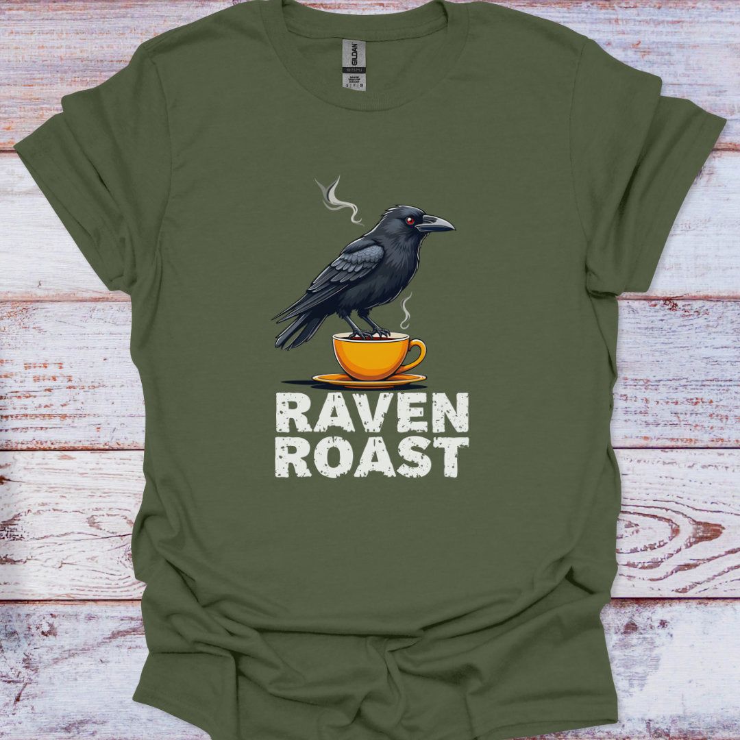 Green t-shirt with a crow and coffee cup design on a wooden surface
