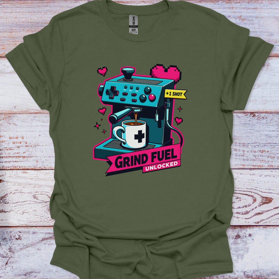 Green t-shirt with a coffee machine graphic and text on a wooden surface