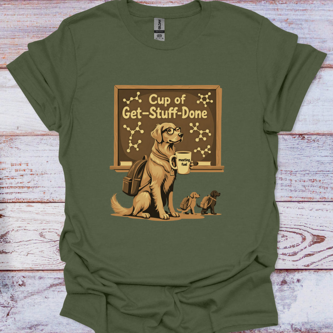 Green t-shirt with a graphic of a dog holding a mug and text 'Cup of Get-Stuff-Done' on a wooden surface.