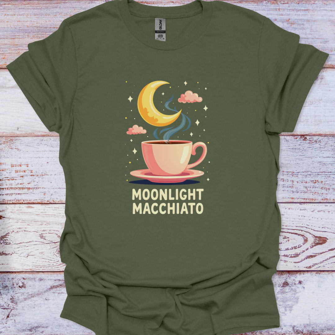 Green t-shirt with 'Moonlight Macchiato' design featuring a cup and moon on a wooden background