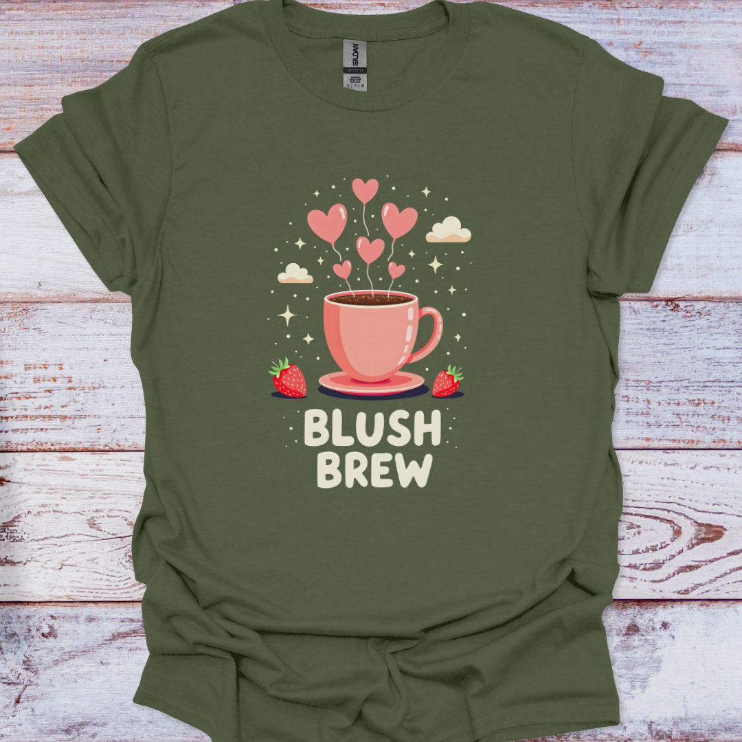 Green t-shirt with 'Blush Brew' graphic design on a wooden surface