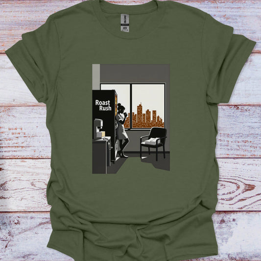 Green t-shirt with a graphic design of a woman in a room with a cityscape view.
